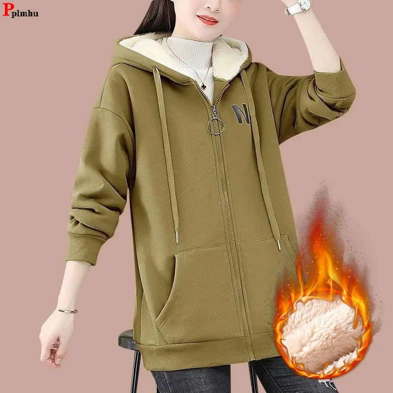 Winter Mid Length Hooded Print Warm Sweatshirt Coat Thicken Snow Wear Top Jacket Lambwool Loose Casaco Oversize 85kg Chaqueta