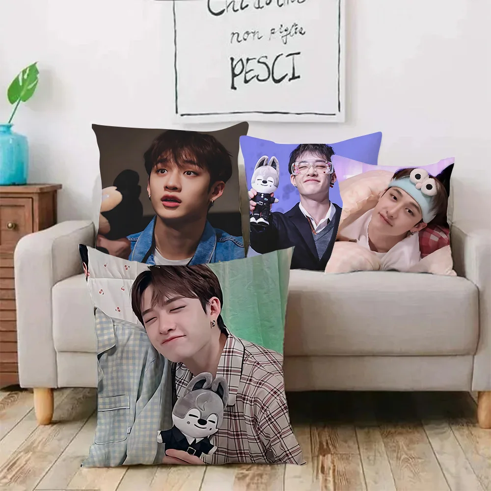 Pillow Covers Cartoon Bang Chan KPOP Sofa Decorative Home Double-sided Printing Short Plush Cute Cushion Cover