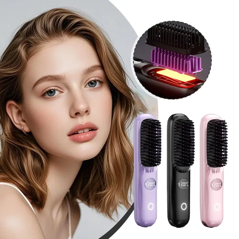 

USB Charging Ceramic Heating Comb Hair Straightener Wireless Portable Curly Hair Straightener Negative Ion Straightening Comb
