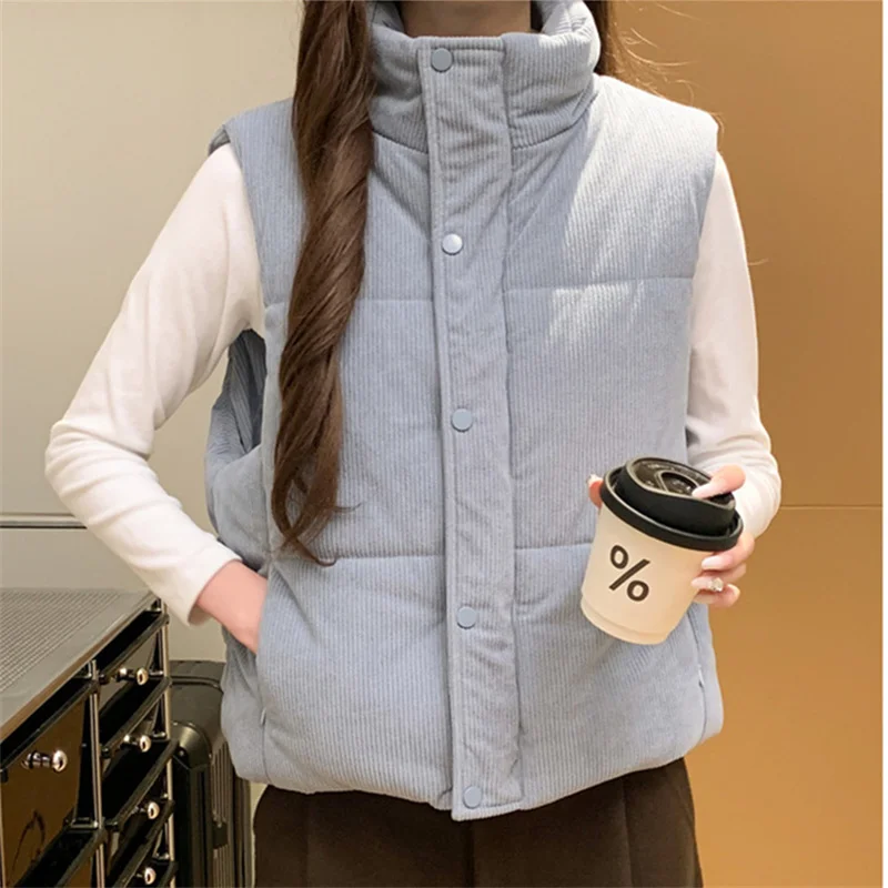 2025 outono inverno colete feminino veludo curto colete gola alta algodão-acolchoado jaqueta solta sem mangas casacos outerwear