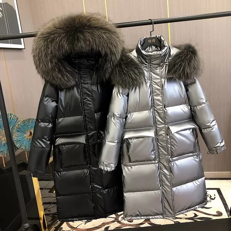 Brand Luxury Big Fox fur collar Glossy Down Jacket Women 2024 Winter New Female White duck down Coat Warm Hooded Parkas Overcoat