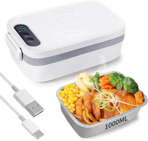 Electric Heated Lunch Box 1L, Rechargeable Portable Food Warmer for Work, Travel, Outdoor