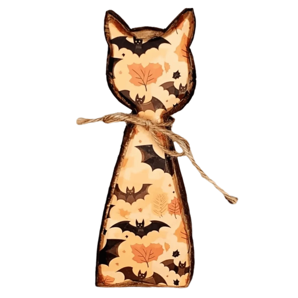 Vintage Wooden Cat Shaped Tray Double Sided Pattern Rustic Style Pumpkin Ghost Bat Ornament Cartoon Cat Statue