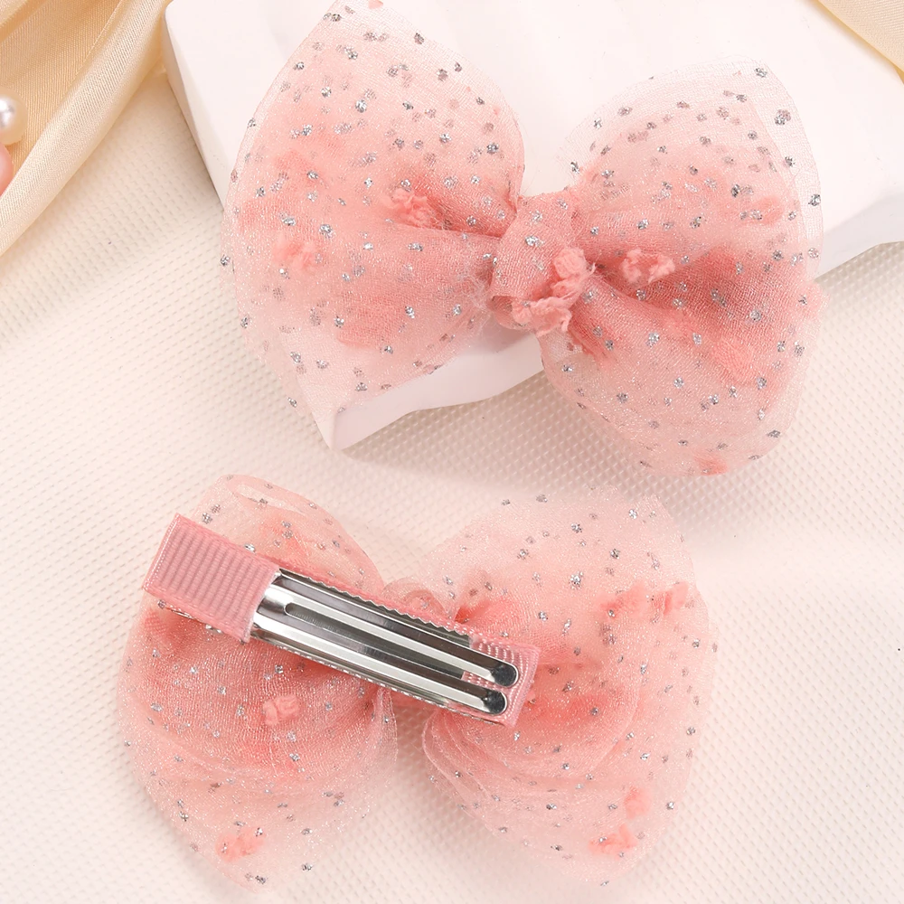 2pcs Double-layer Mesh Bow Hairpin  Bling Sparkly Sequin Mesh Bow Hairpins For Girls Children Boutique Barrette Hair Accessories