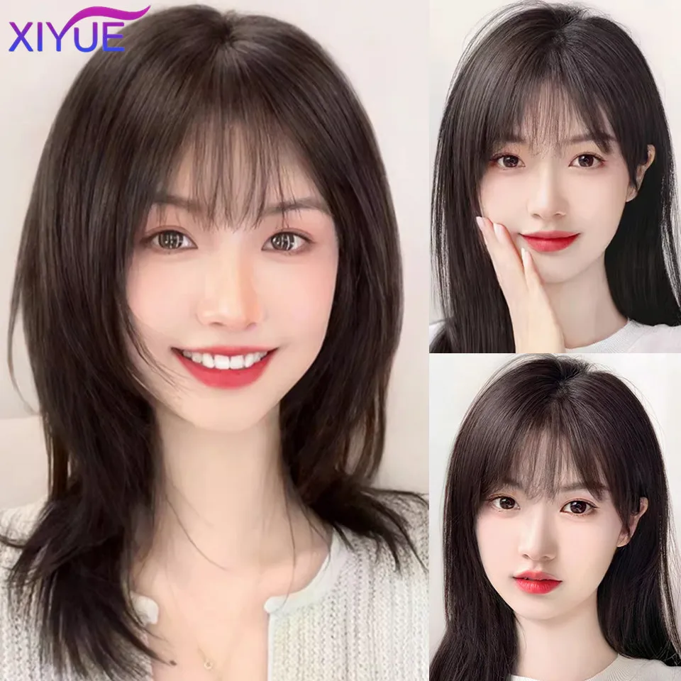 XIYUE 3D air bangs women\'s wig with synthetic fluffy natural hair patch on the top of the head