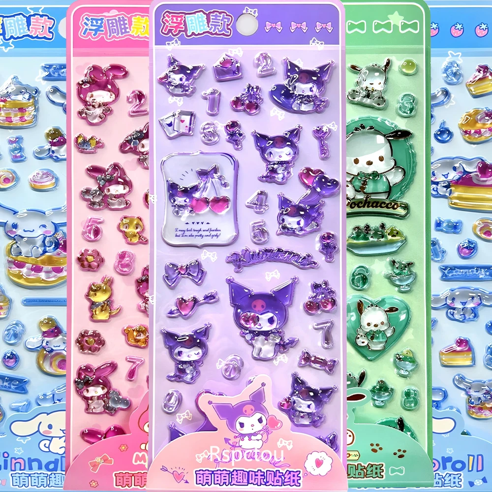 4pcs My Melody Kuromi Pochacco Cinnamoroll 3D Relief Stickers Kawaii Sanrio Crystal Decals Cute Cartoon Decoration Decals Toys