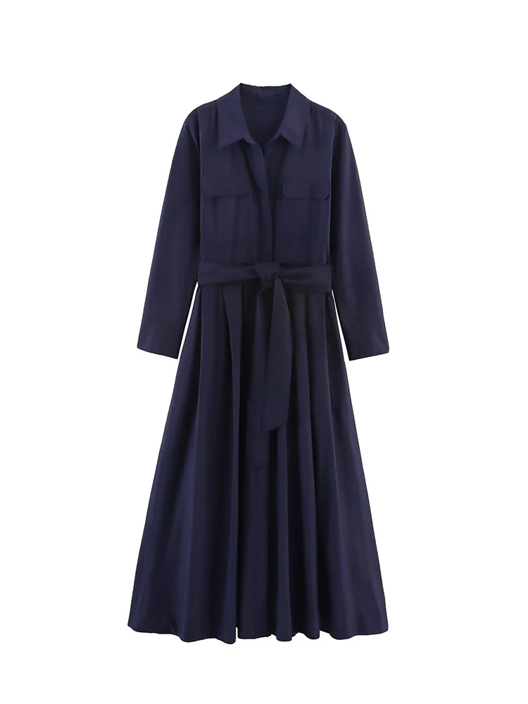 Vestidos largos elegantes con cinturón y cuello de solapa para mujer, vestido camisero informal de manga larga con una botonadura, ropa de calle OL lisa 2025