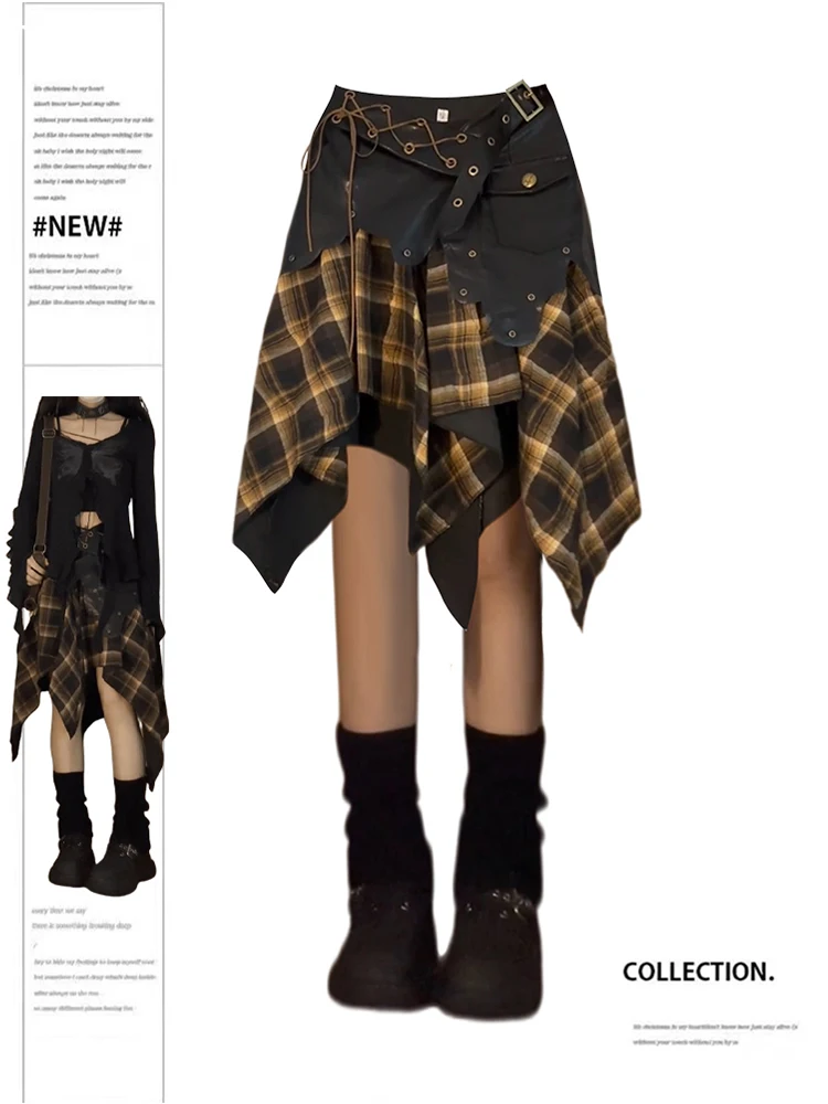 

Women's A-line Plaid Skirt Vintage Aesthetic Y2k Asymmetrical Skirt Harajuku Streetwear Emo Mini Skirt 2000s Clothes Summer 2024