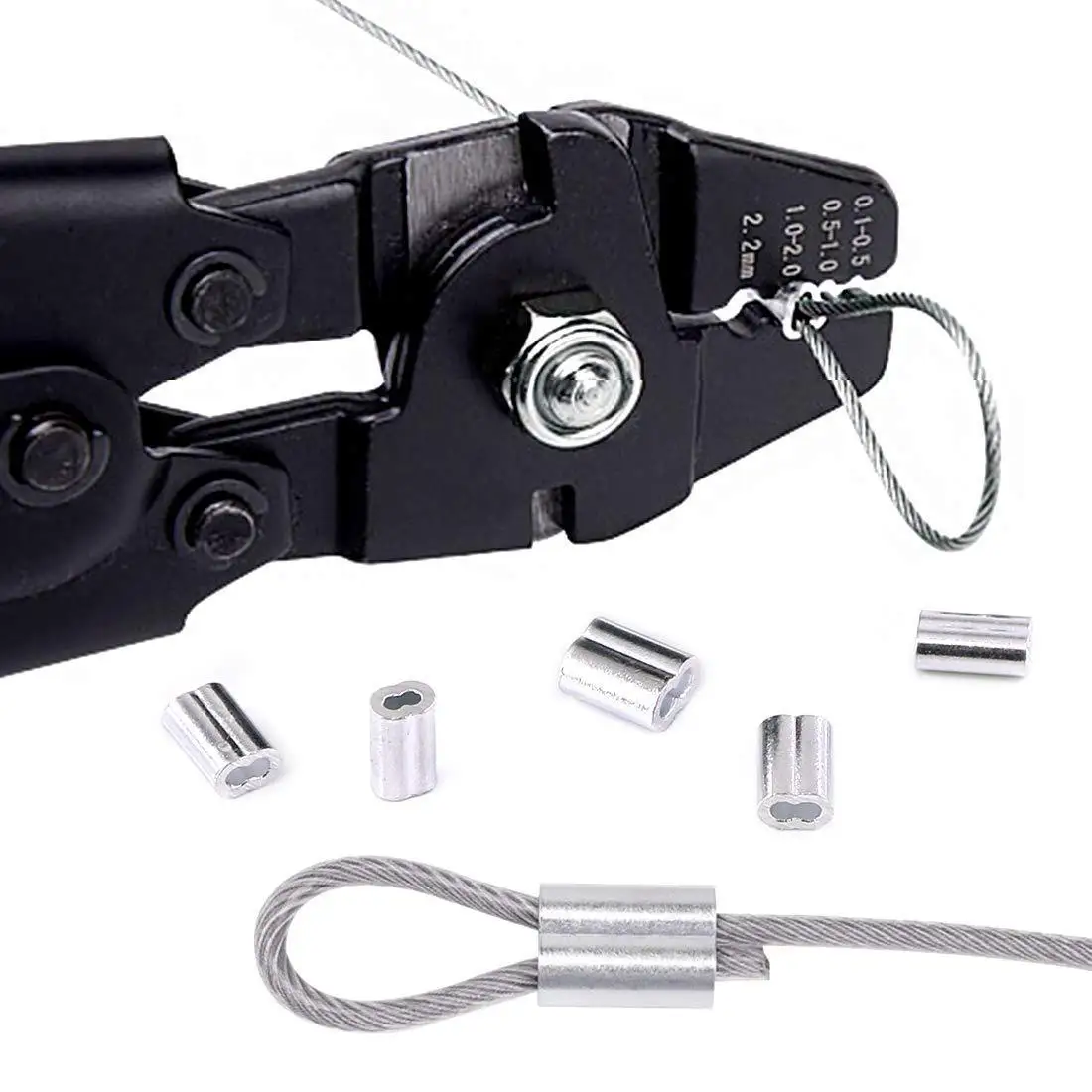 Wire Rope Crimping Tool Kit for M1.2/M1.5/M2 Steel Wires Including 1 Crimper and 150/270/300pcs Aluminum Crimping Loop Sleeve