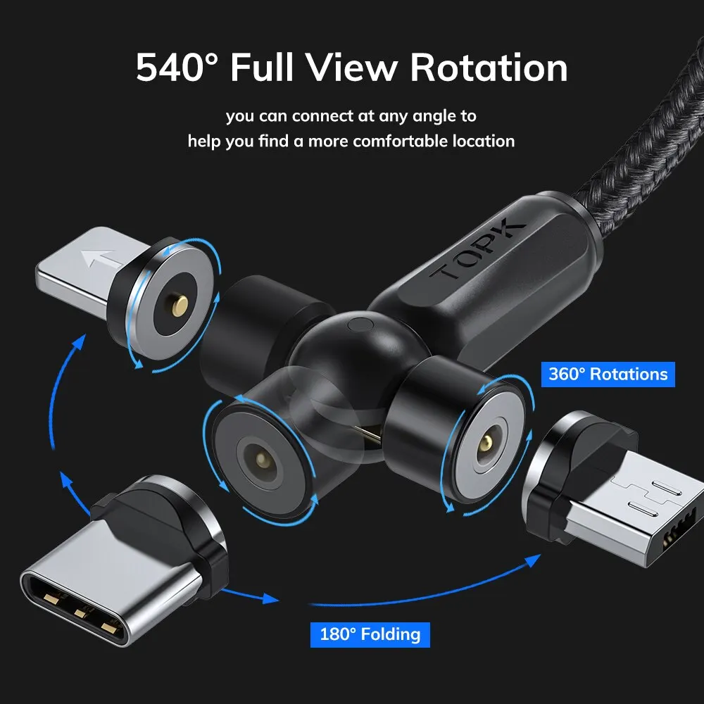 TOPK 540 Rotate Magnetic Cable Fast Charging Magnet Charger Micro USB Type C Cable Mobile Phone Wire Cord For iPhone Xiaomi