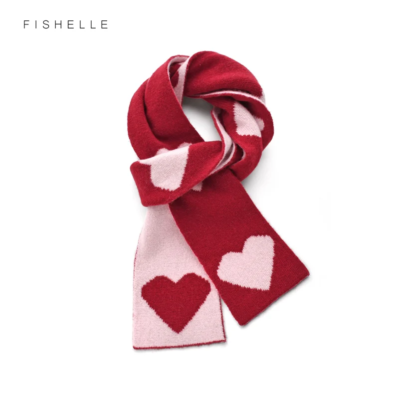 Sweet lovely pink love shape red scarves double-sided wool narrow edition small scarf for girls gift