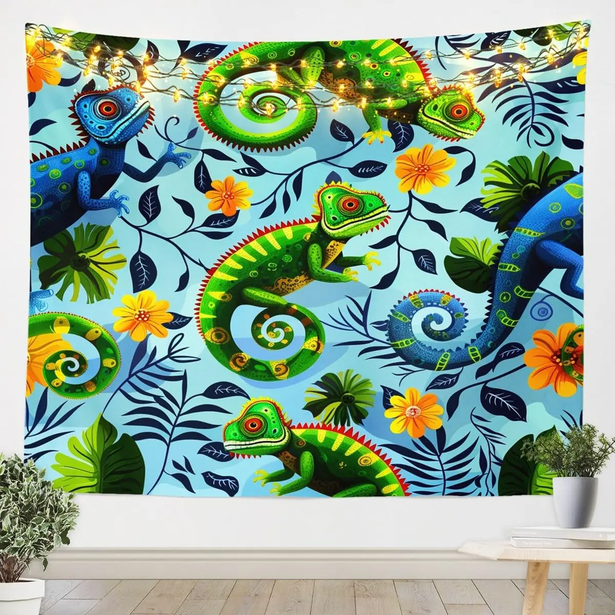 3D Green Chameleon Print Tapestry,Blue Palm Leaf Yellow Floral Wall Hanging Art,Tropical Plants Animals Wall Blanket for Kids