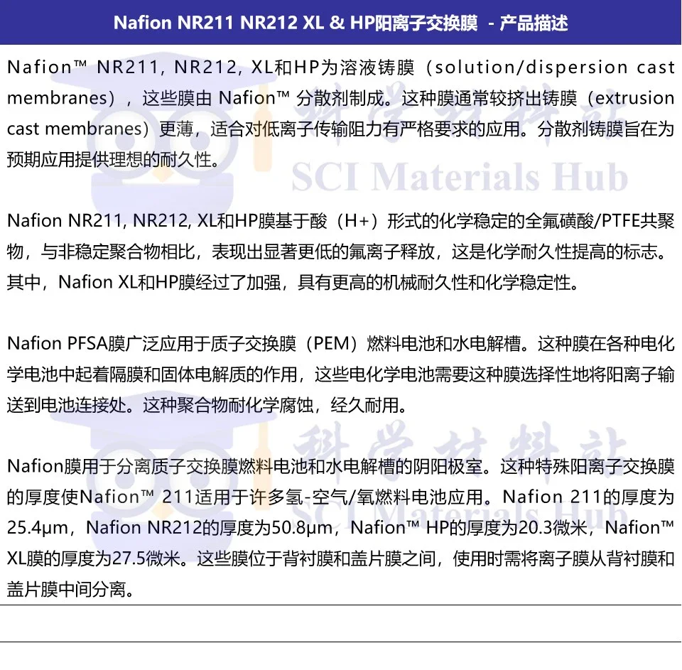 Proton Exchange Membrane Naphthol Nafion NR211 NR212 HP XL Fuel/Electrolytic Cell