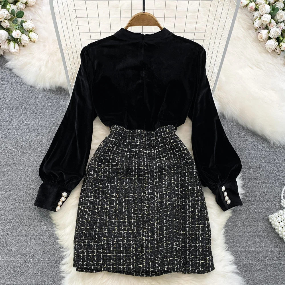 TWOTWINSTYLE Luxury Style Dress For Women O Neck Long Sleeve Patchwork Button Temperament Dress Female Fashion Autumn KDR522030