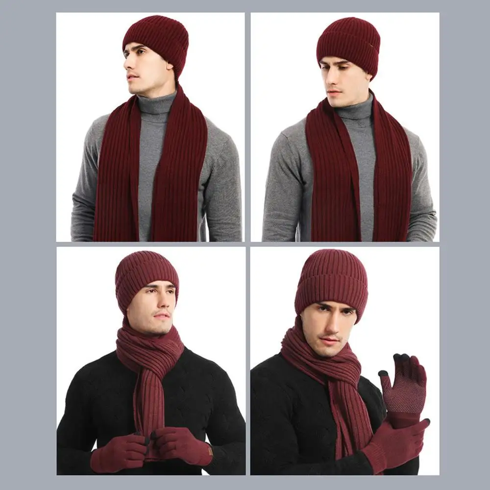 Thickened Beanies Scarf Gloves Set Unisex Fleece-lined Beanie Hat Knit Winter Warm Long Scarf Neck Warmer for Women & Men