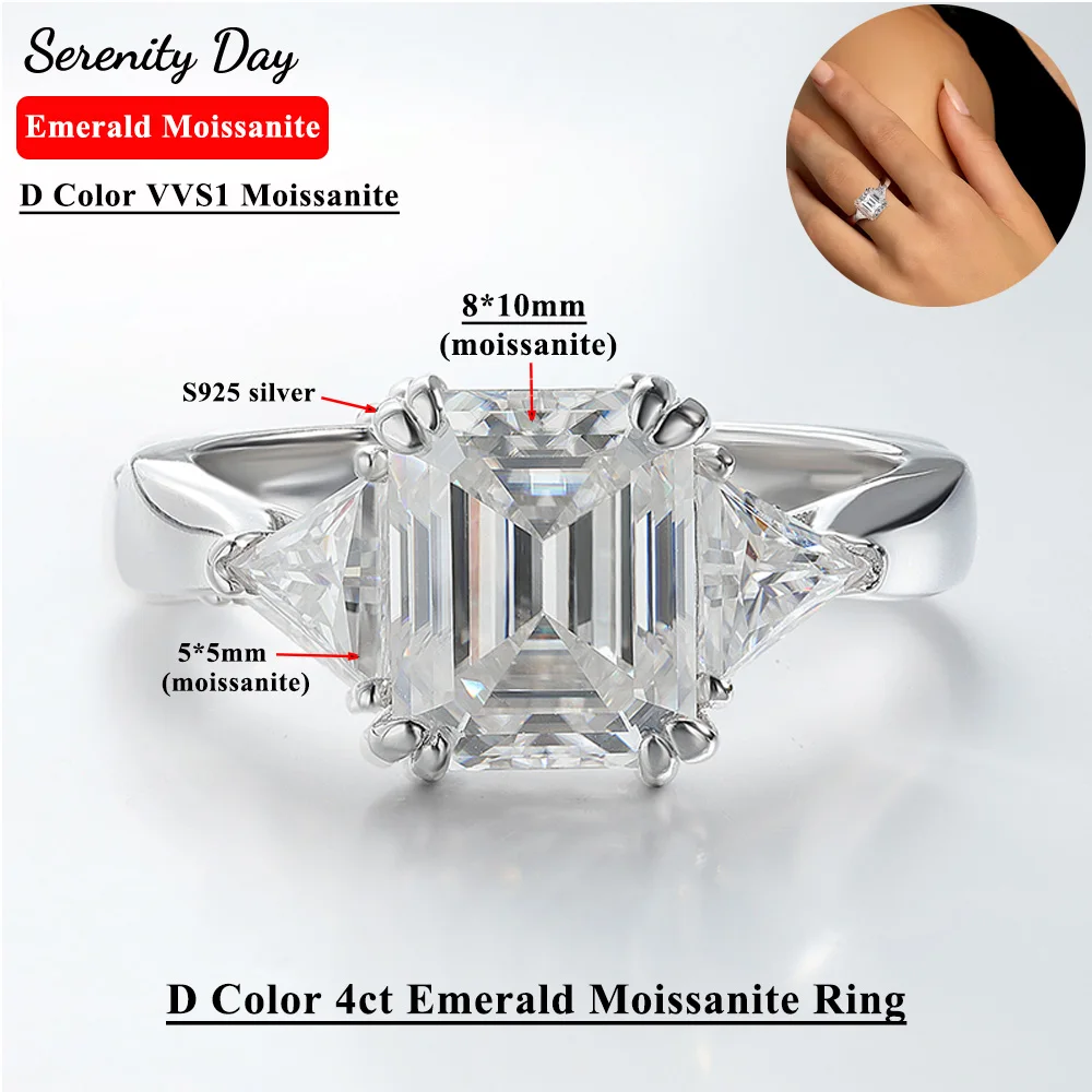 

Serenity 4ct D Color 8*10mm Emerald Moissanite Rings For Women S925 Silver Bands Sparkling Wedding Rings Plated 18K Fine Jewelry