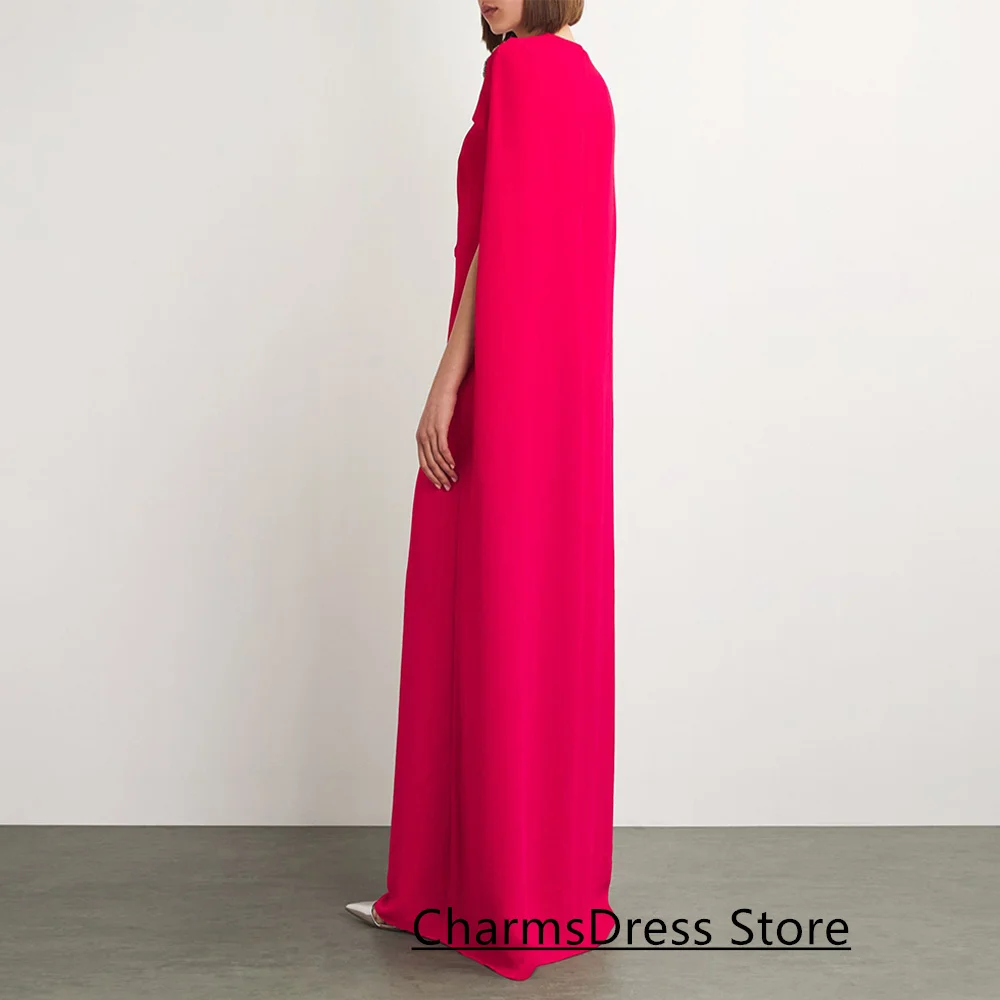 Fuchsia ชุดราตรี Cape ที่กําหนดเองรอบคอลูกปัดคริสตัลตรงความยาวชั้น Arabian PARTY ชุดราตรี