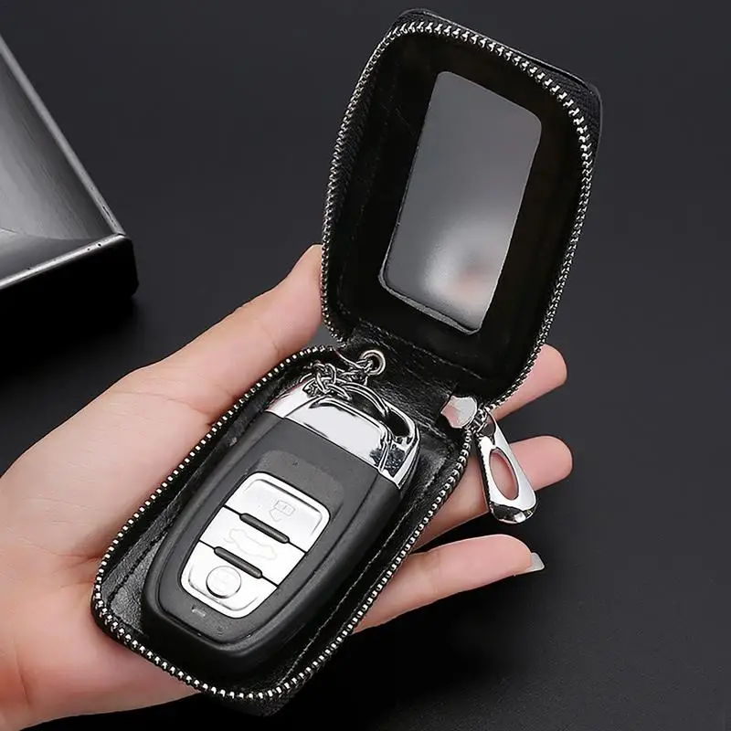 1pcs Universals Leather Car Key Cover Transparent Visible Zipper Case Bag Keychain For Car Mini Keys Bags With Lock Shape Hook