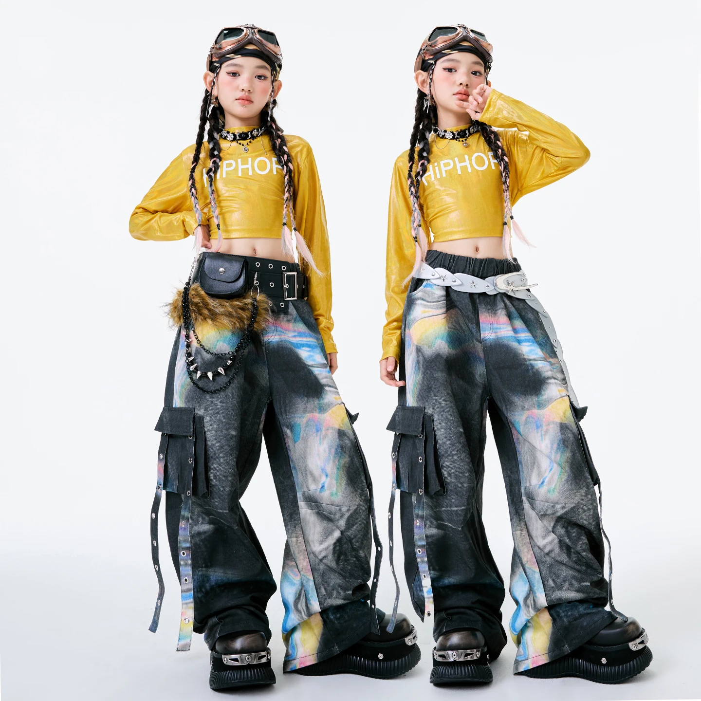 2025 Children Hip Hop Dance Costumes For Girls Yellow Crop Tops Loose Pants Outfits Modern Jazz Performance Clothing DQS21038