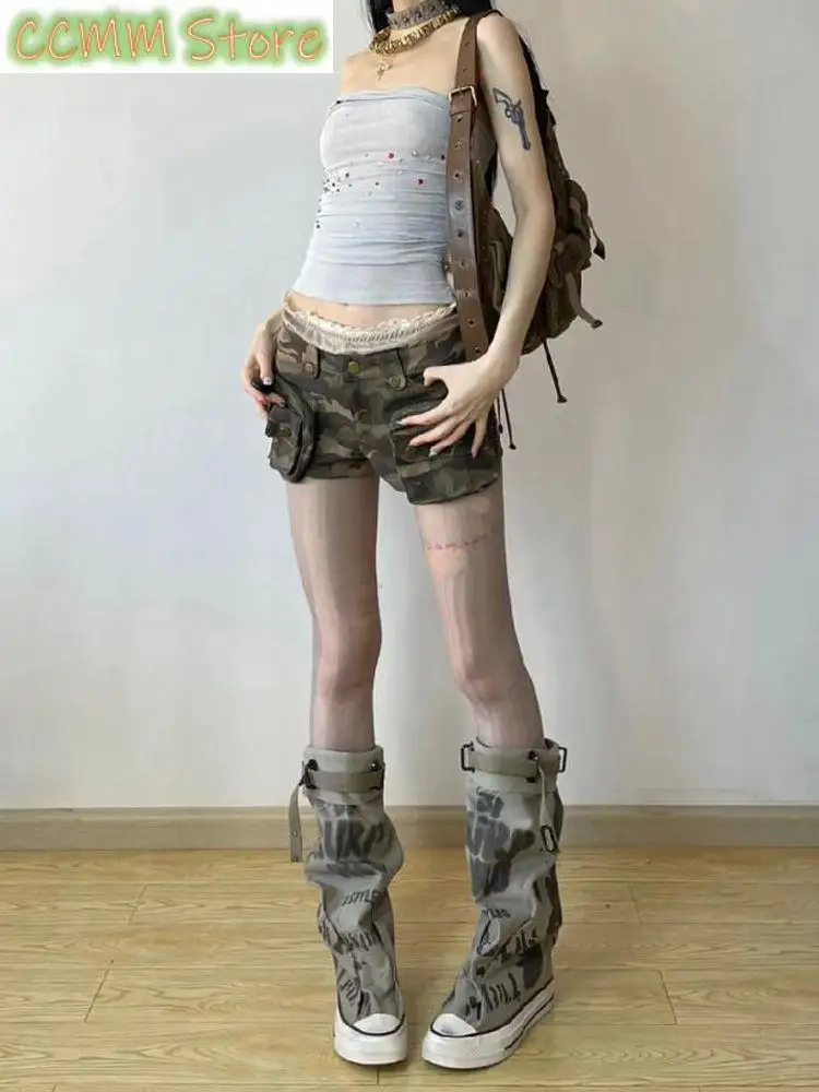 Women's Summer Sexy Camouflage Mini Shorts Cool Girl High Waist Strap Design Y2K Streetwear Female Vintage A-line Wide Leg Short