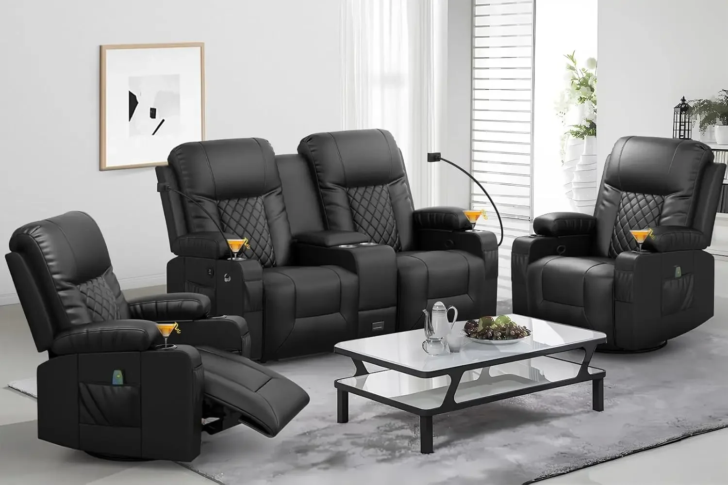 Living Room Furniture Set, Loveseat Recliner and 2PC Massage Recliner Chair, Luxury Reclining Sofa 3PC Set for Living Room