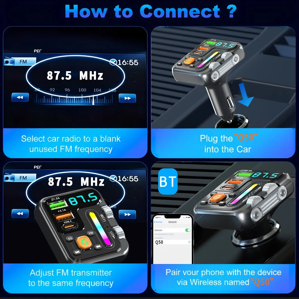 مشغل MP3 للسيارة اللاسلكية، جهاز إرسال FM، شحن سريع USB/PD 3.1A، صوت هاي فاي، شريط إضاءة للموسيقى، تصميم أسطوانة مزدوجة، شاحن سيارة