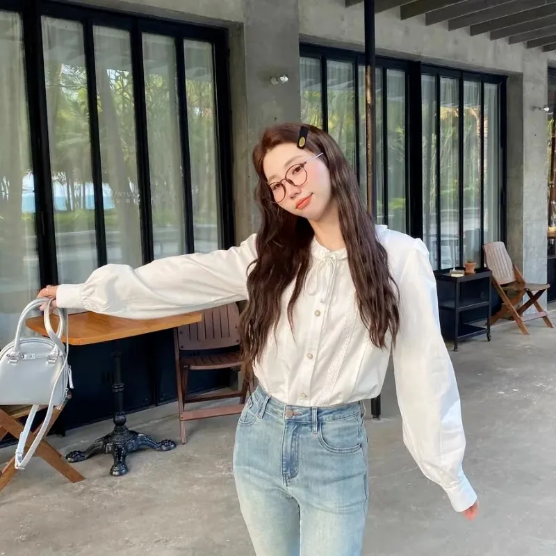 

Female Spring Summer Preppy Style Refreshing Button Drawstring Solid Color Collar Women Shirts Sweet Young Style Long Sleev