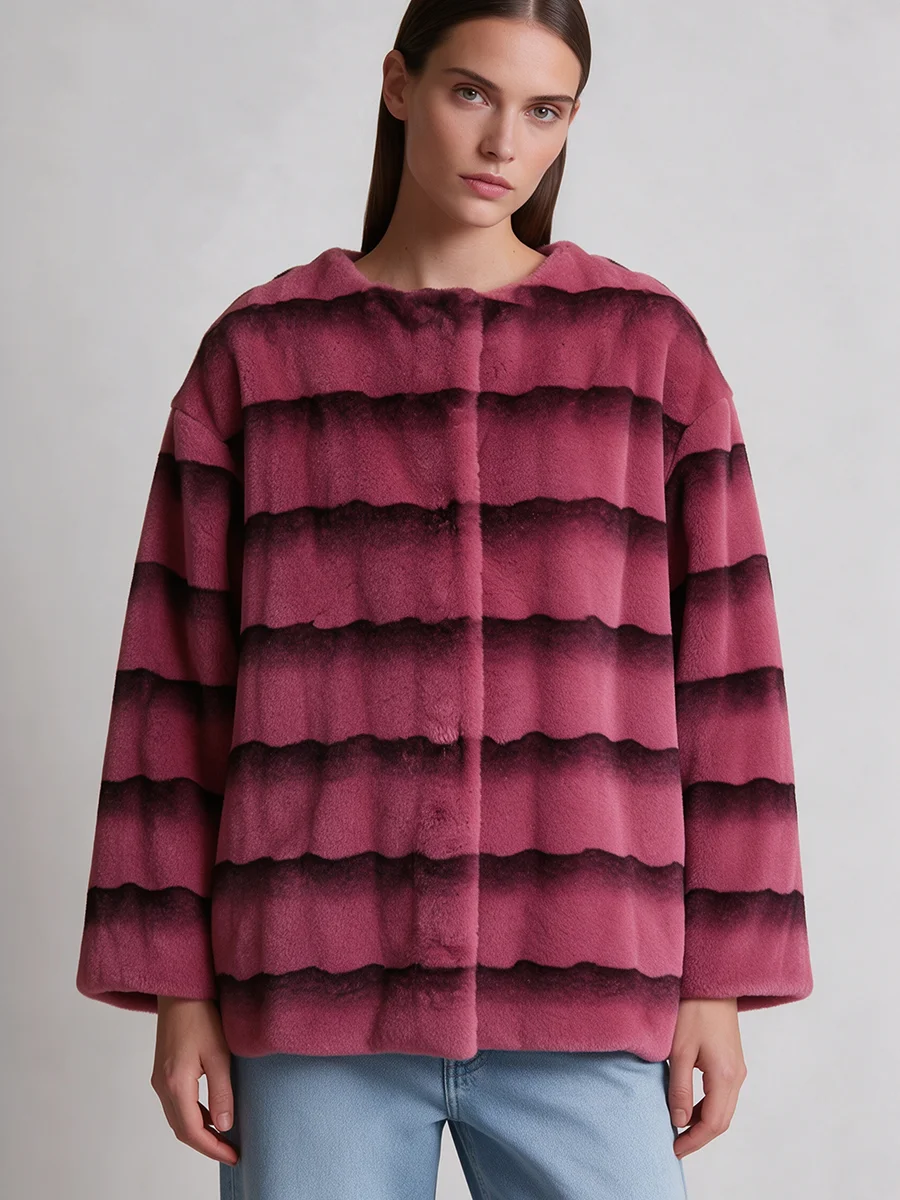 2026 Women Striped Faux Fur Coat, Round Neck Soft Fluffy Warm Winter Jacket, Casual Fashion Outerwear