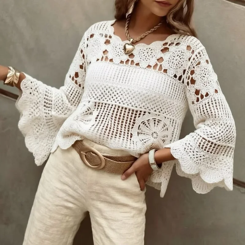 Elegant Lady Long Sleeve Loose Mesh Shirts French Style Hollow Out Knitted Pullovers Autumn New Solid Color Casual Crochet Tops