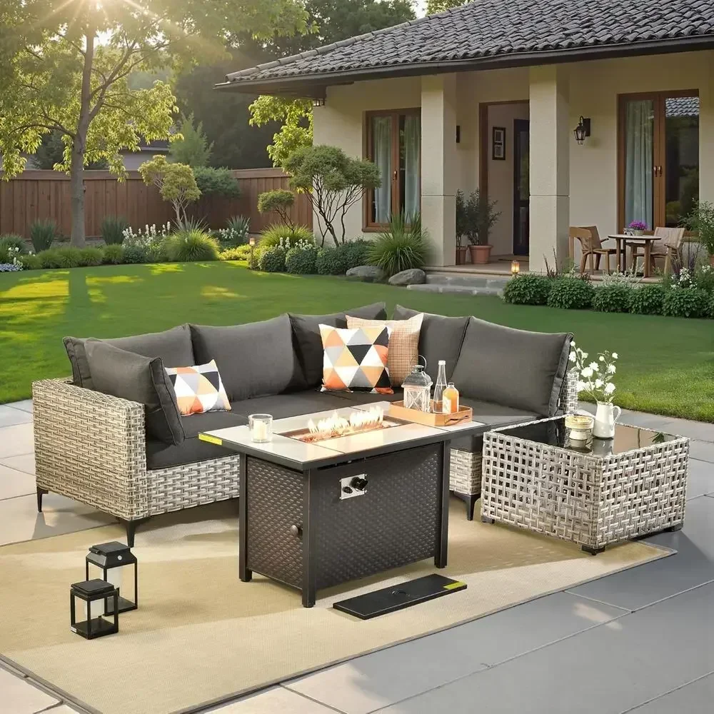6-Piece Outdoor Wicker Patio Furniture Set with Fire Pit Coffee Table, Black