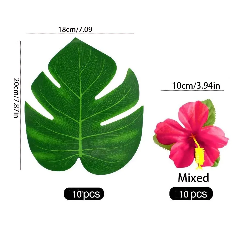 20 Stück tropische Palmblatt-Hibiskusblüten-Imitationsblätter für Hawaii-Party-Thema, Geburtstagsparty-Dekoration, Tischdekoration – Detail 5