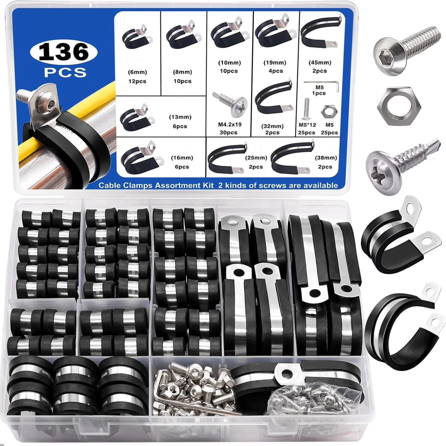 

136Pcs Cable Clamp Combination 304 Stainless Steel Rubber Pad tube Clamp With 10 Sizes Kit