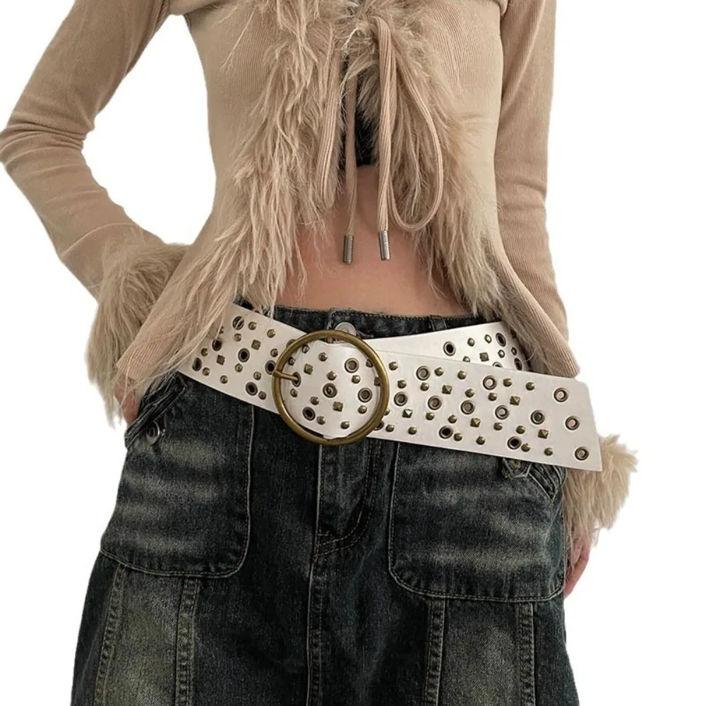 

Retro Rivet Cowgirl Belt Harajuku Y2K Wide Waistband Adjustable Round Buckle PU Leather Belt Pants
