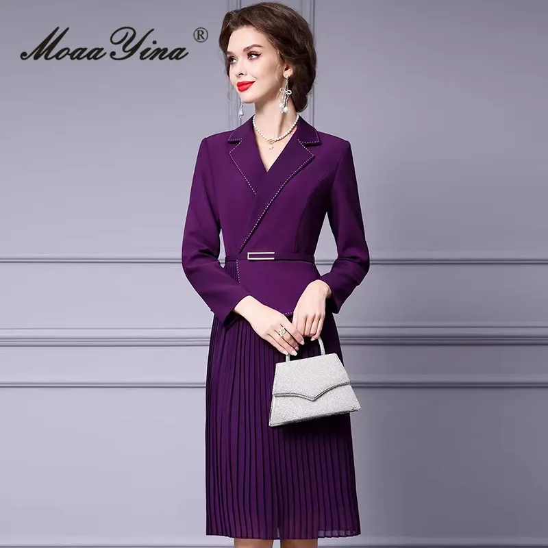 MoaaYina Autumn Winter Women\'s Commuter Dress Notched Long Sleeved Pretty Slim-Fit Hip Wrap Pleated Splicing Lace-UP Dresses