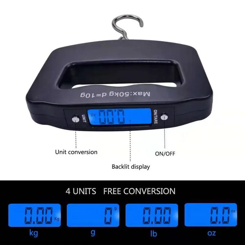 50Kg 10g  Portable Mini Hanging Scale Electronic Weighting Luggage Scale Fish Hook Digital Scale Blue Display Balance