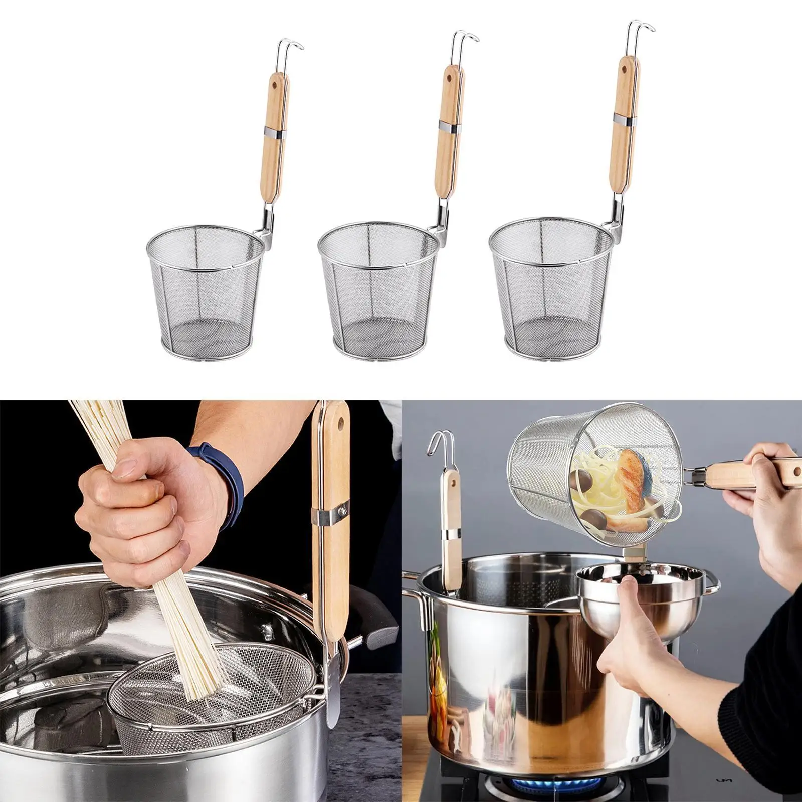 مصفاة معكرونة من الفولاذ المقاوم للصدأ، سلة تقديم القلي المحمولة، مصفاة المعكرونة