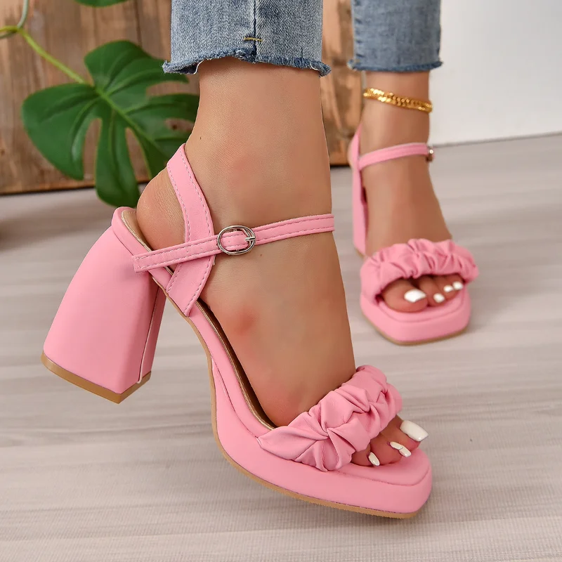 

Women's High Heels Fashion Pleated Square Toe Open Toe Super High Heel Sandals All-match Hollow Out Sexy Party High Heels Mujer