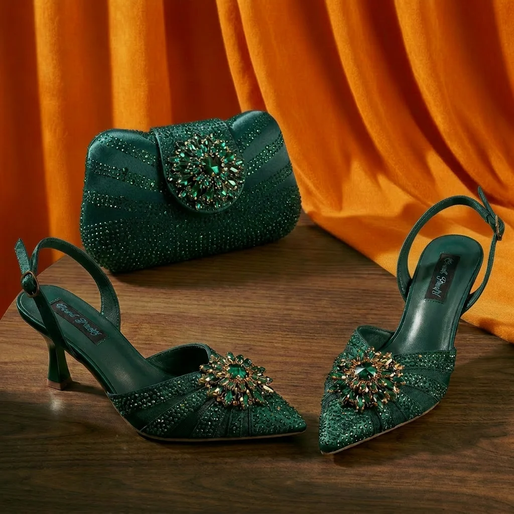 2026 Women's Elegant Green Rhinestone Slingback Heels & Matching Handbag Set COMFORT INCLUDED Stylish Pointed Toe Design Shoes