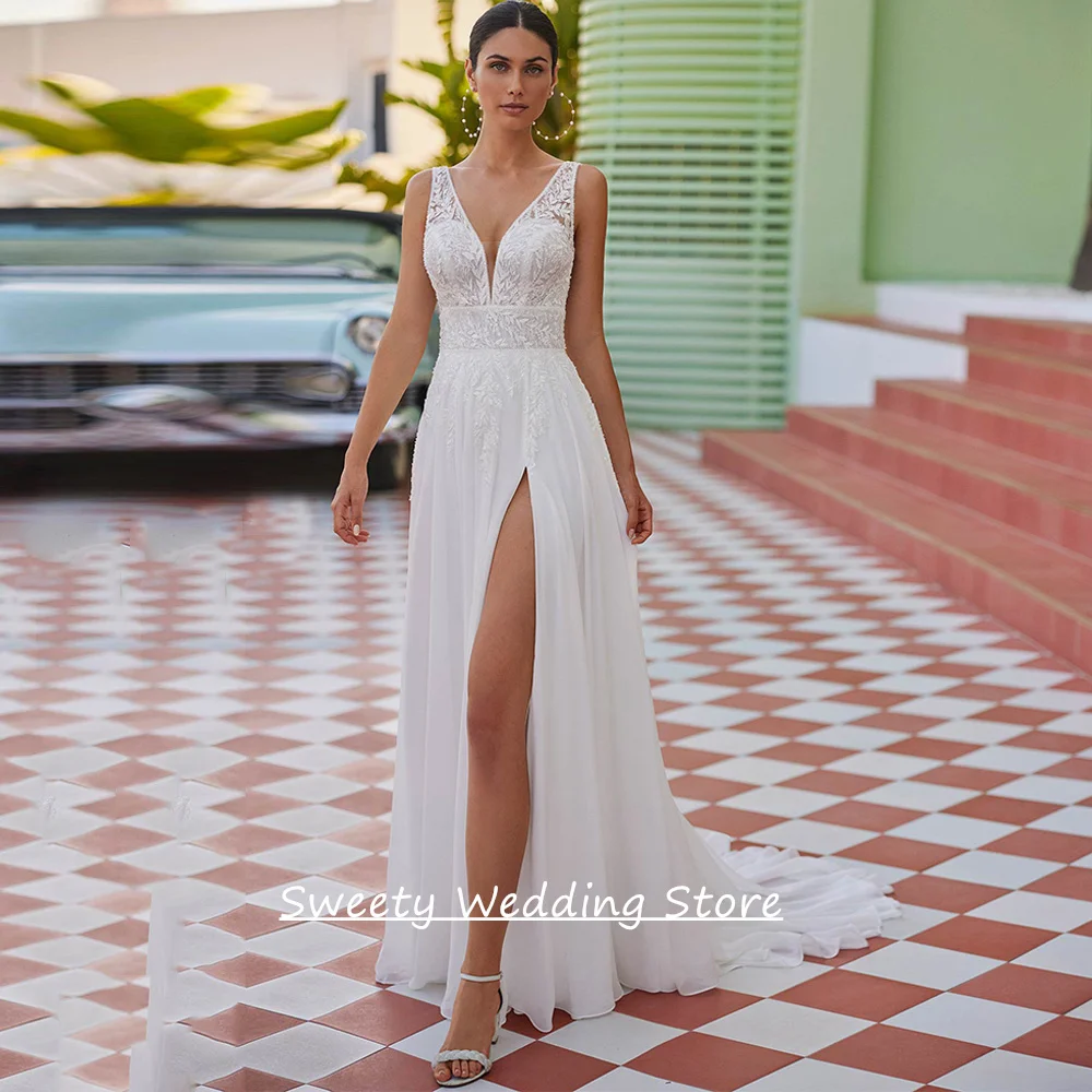 Customized Design Wedding Dress V Neck Sleeveless Beading Sequined Applique Split Chiffon Sweep Train Noiva Bridal Gown