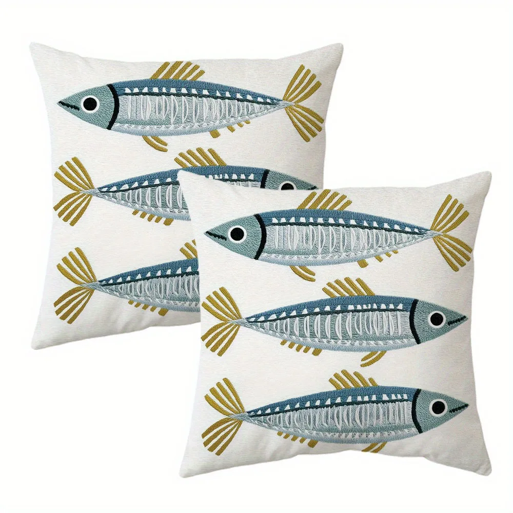 2pcs Coastal Fish Throw Pillow Covers Nautical Farmhouse Decorative Cushion Cases for Sofa Bedroom Patio