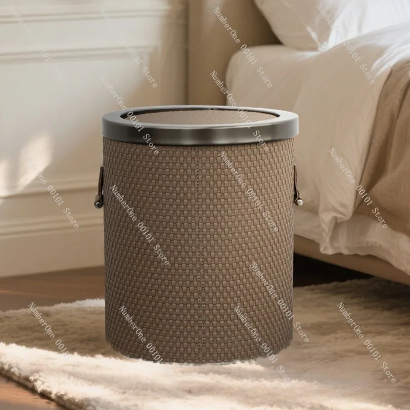 Large Capacity Household Trash Can with Lid Luxury Leather Storage Bin Elegant Living Room Garbage Bucket Home Organizer