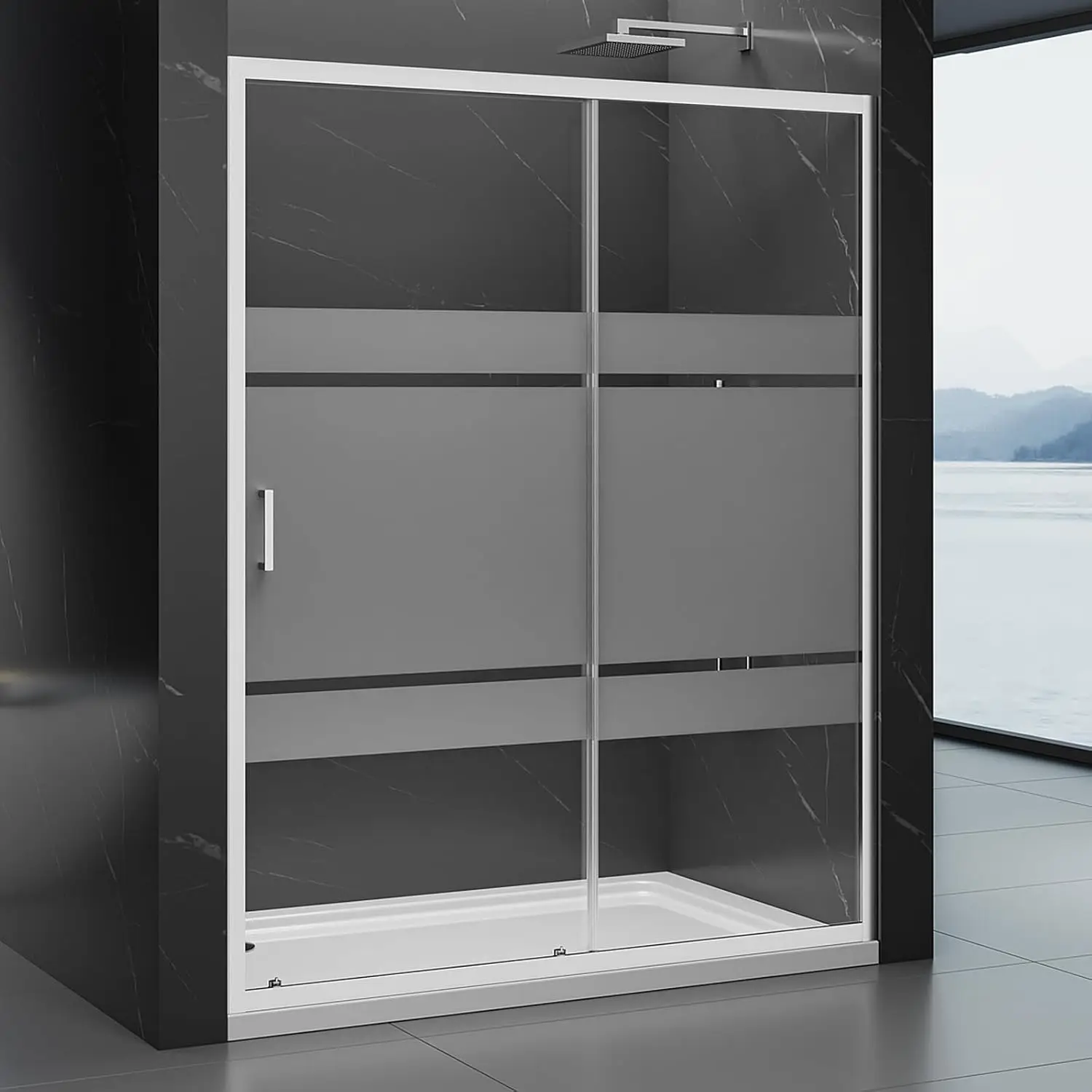 

Frosted Glass Shower Door, 56-60" W x 74" H Single Sliding Door, SGCC Tempered Glass, 1/4 inch Mid-Band Frosted Glass,