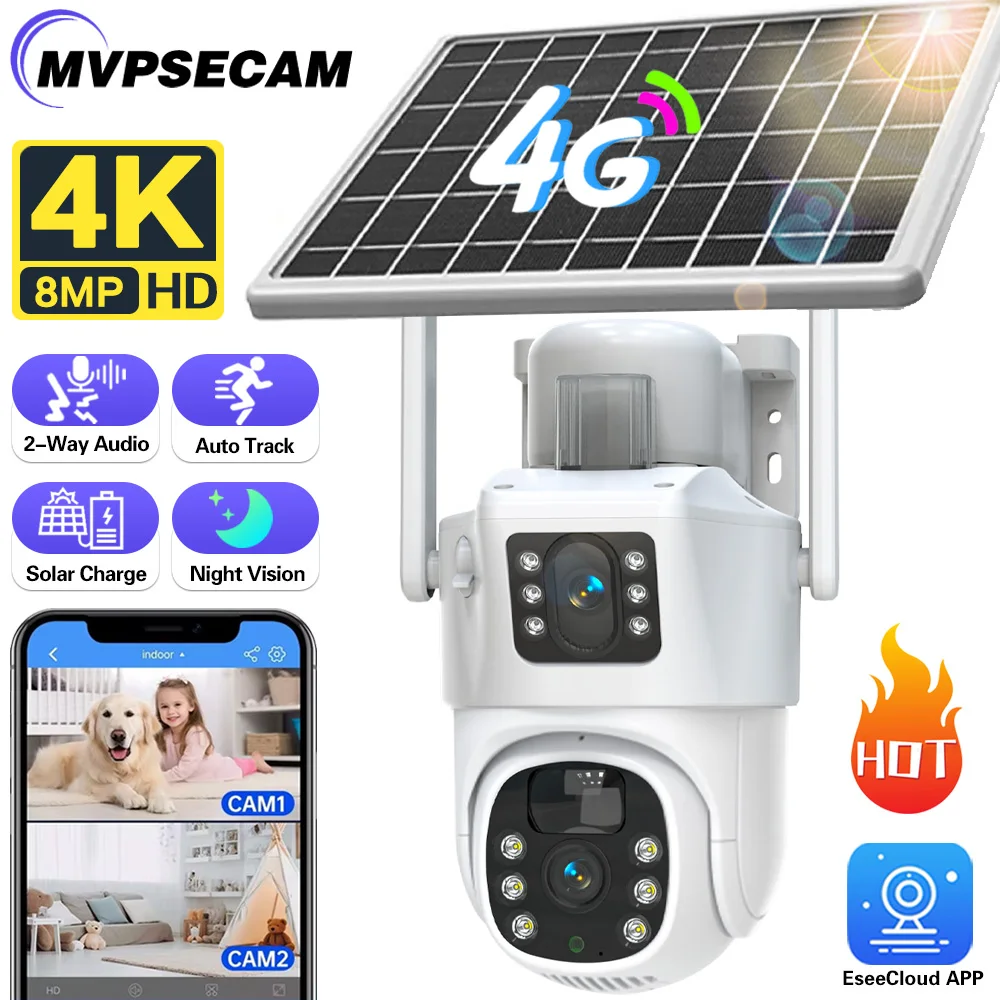 

4G SIM Card Solar Camera PTZ 360 IP Camera 8MP 4K CCTV Battery Cameras Outdoor Dual Lens Smart Home Security Surveillance Solar