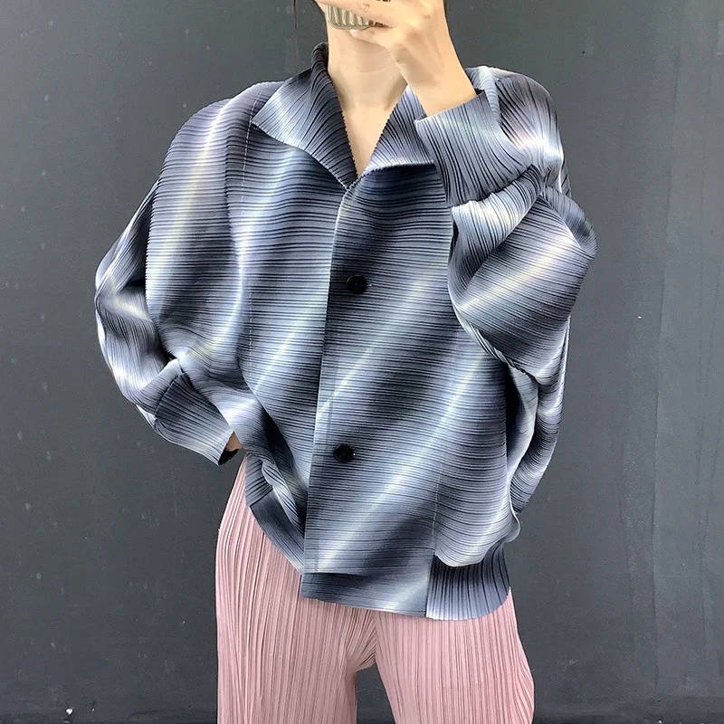 YUDX Miyake Pleated Shirt Jacket Women Loose Gradient Striped Coat 2026 Autumn Winter Casual Elegant Blouse Fashion New USA Top