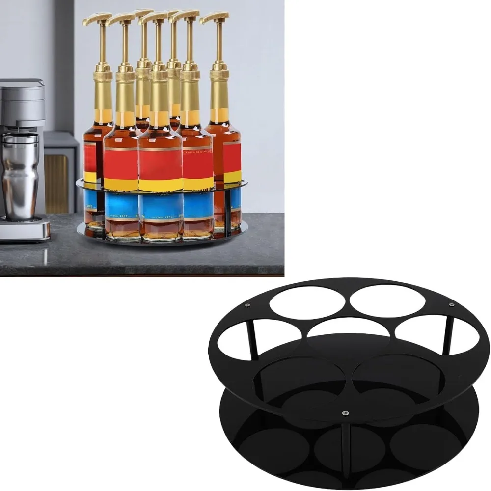 7 Holes Design Syrup Organizer Acrylic Black Turntable Display Tray 360 Rotatable Rotating Storage Holder For Coffee Bar