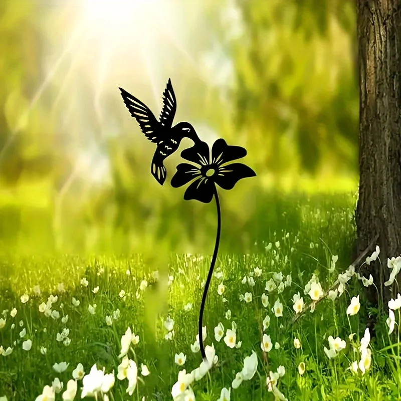 2D Wedding Event Outdoor Floor Mount Decor, Nature Inspired Lawn Insert Art Deco Metal Hummingbird Garden Stake