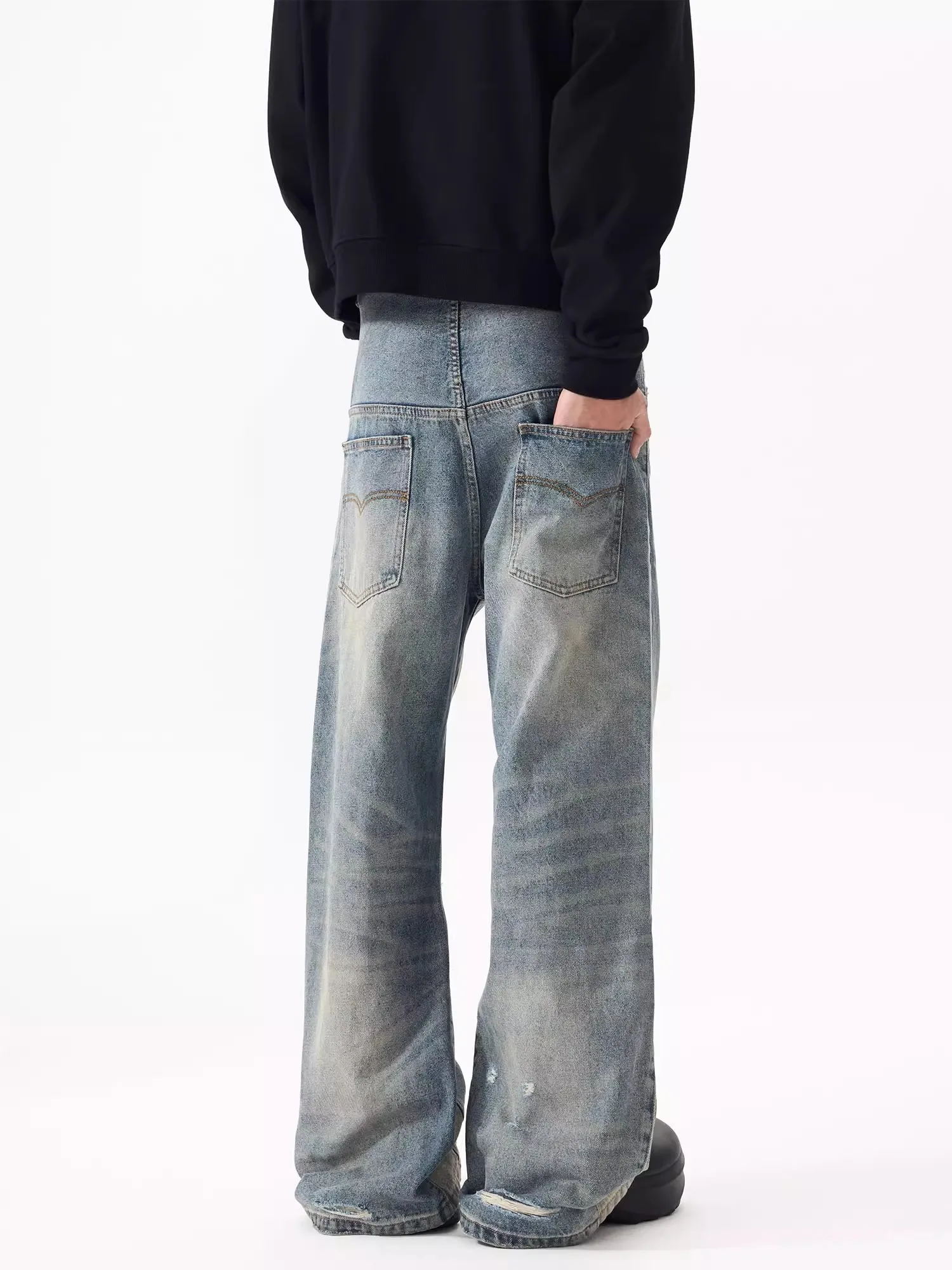 الرجعية الأمريكية تصميم الجينز زوجين مباراة البالية نظرة فضفاضة السراويل الطويلة عارضة مستقيم الساق الجينز الاتجاه الشباب