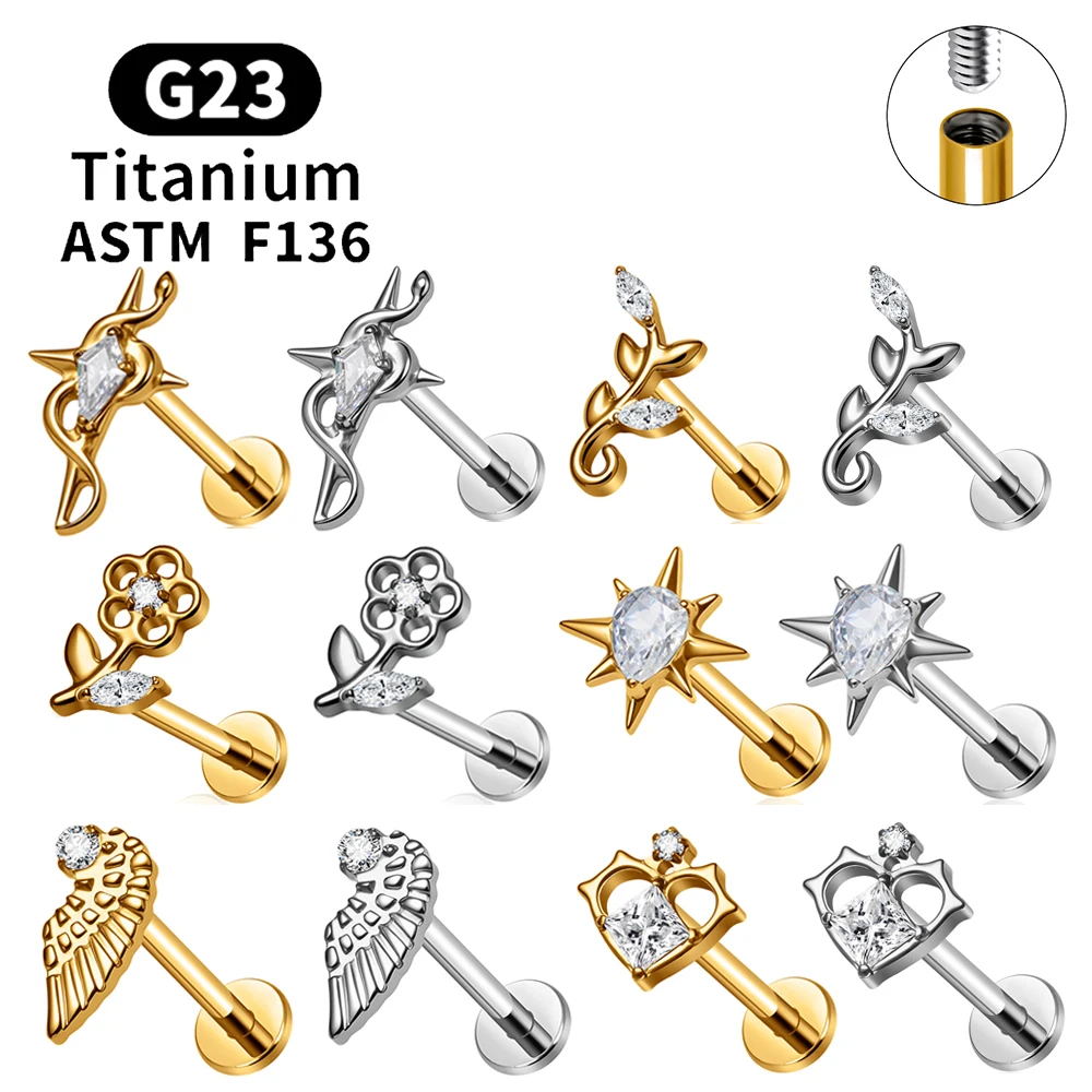 ASTM F136 Titanium Leaf Octagonal Star Cartilage Earring 16G CZ Flat Back Labret Lip Stud Helix Tragus Lobe Ear Piercing Jewelry