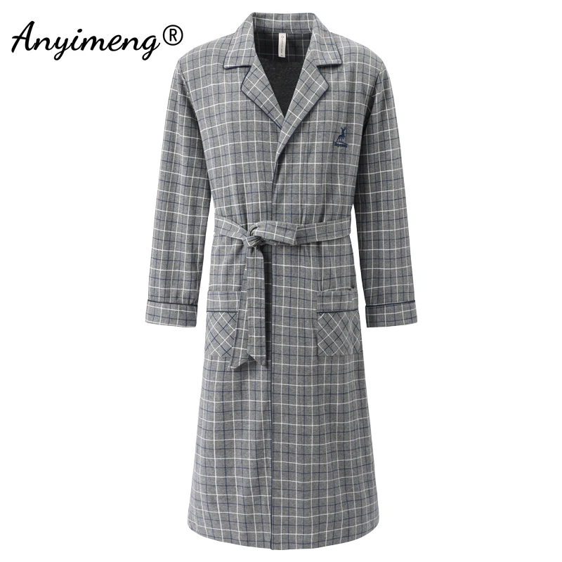 4XL Big Size Male\'s Robe New Autumn Winter Home Coat Long Sleeved Plaid Deer Embroidered Luxury Knitted Cotton Fashion Bathrobe