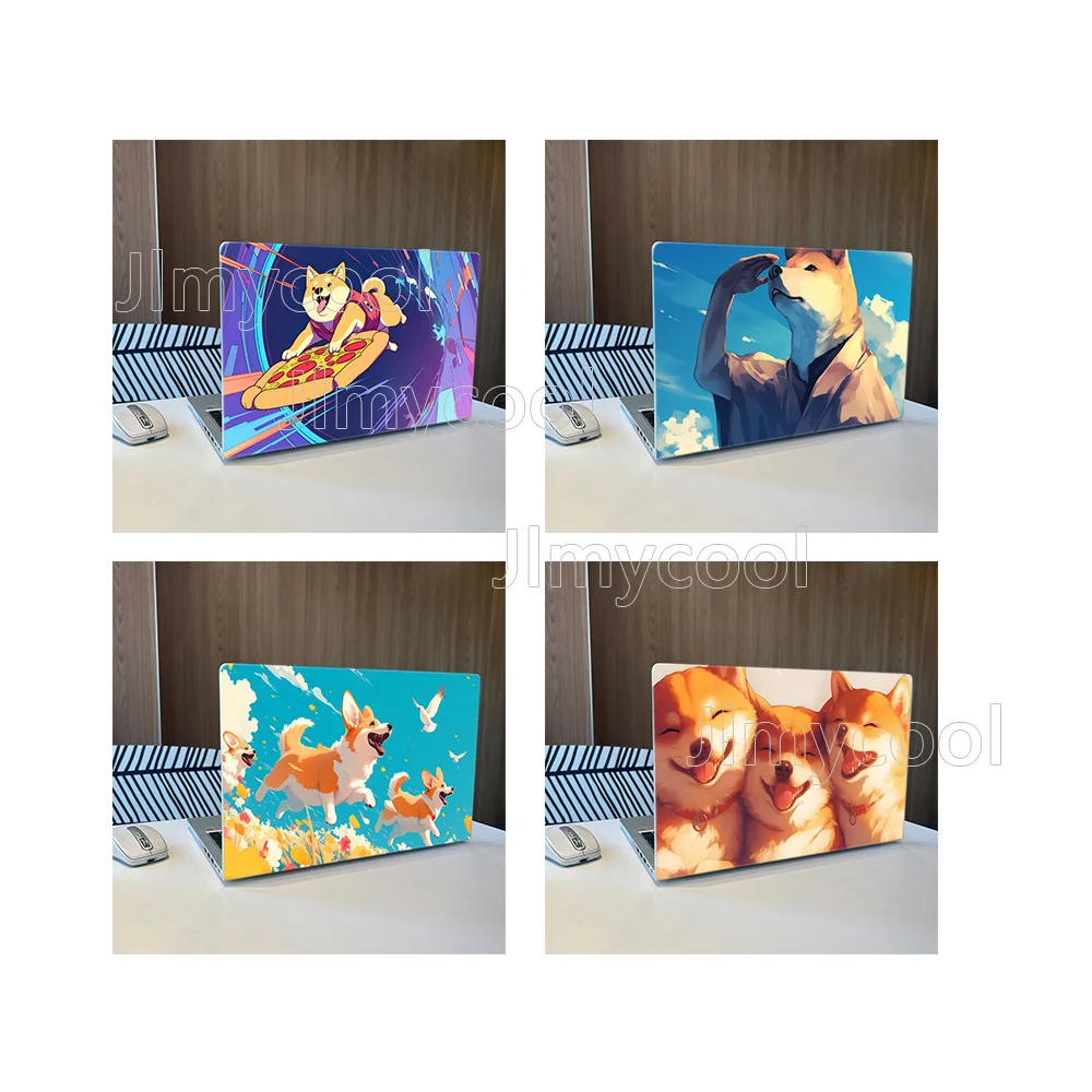 2 Durable Happy Puppy Shiba Inu Corgi Grassland Vinyl Laptop Stickers Art Scratch Protection Sticker for MacBook PC Chromebook